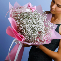 Белая гипсофила с розовым бантом